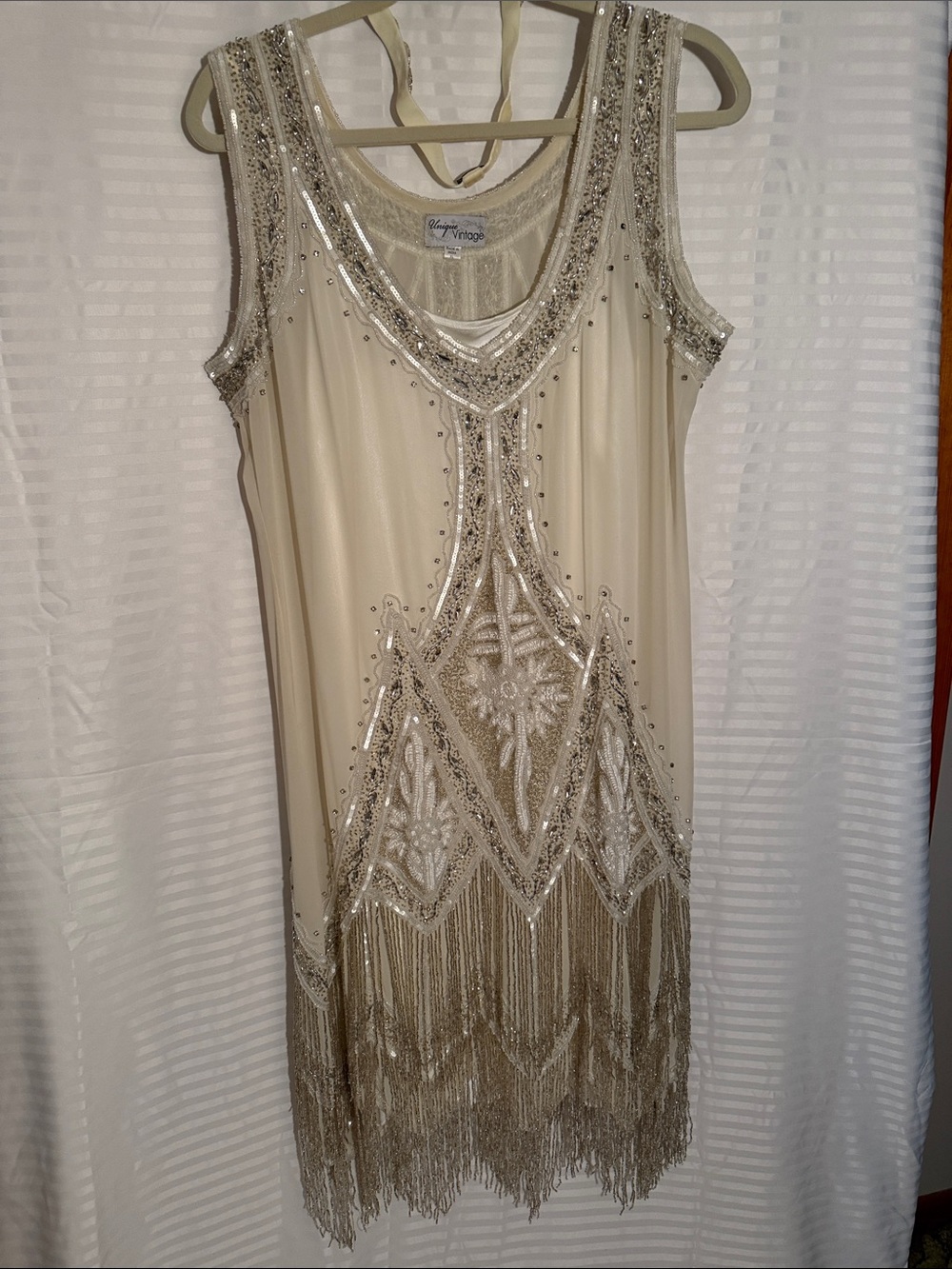 Unique Vintage Cream Beaded Fringe Flapper Dress